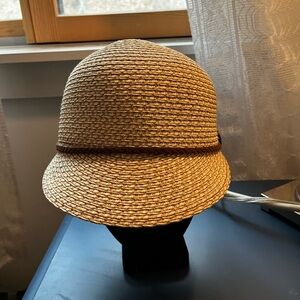 Woven Straw Cloche Hat - Natural with Brown Trim